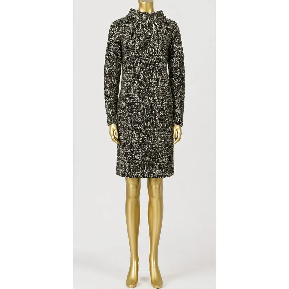 AKRIS PUNTO Woven Knit Sweater Dress 8 Tweed Textured Zip Side Pockets Black